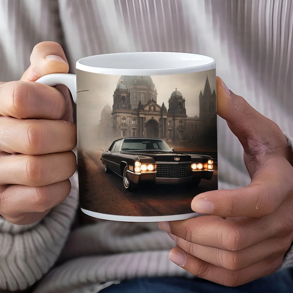 Cadillac DeVille Foggy Cathedral Street Scene – Mugs