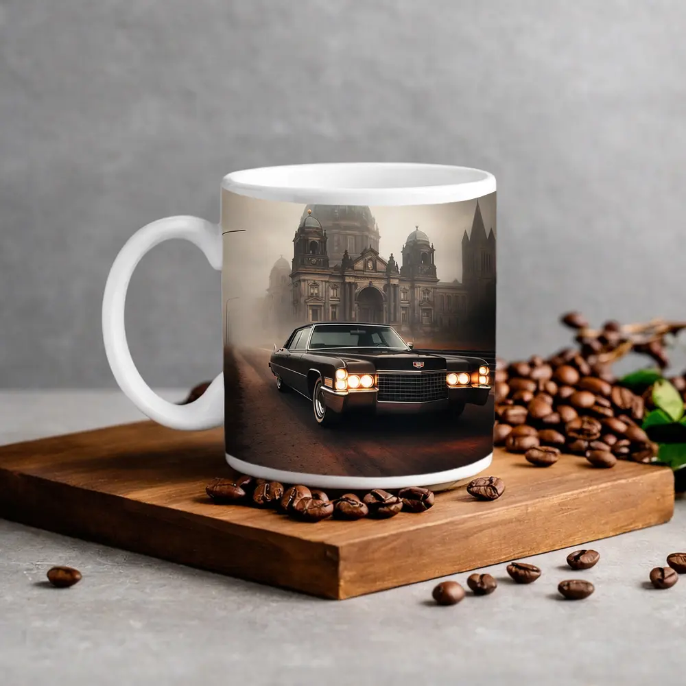 Cadillac DeVille Foggy Cathedral Street Scene – Mugs