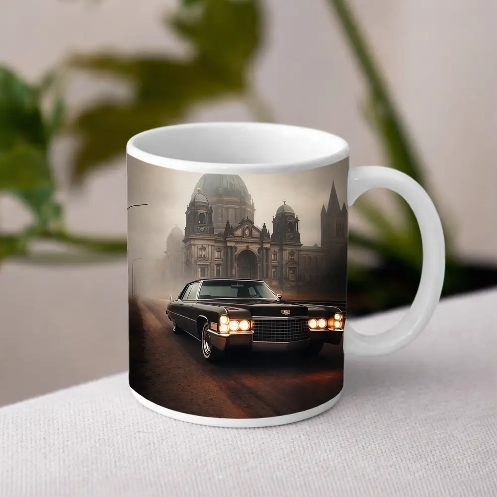 Cadillac DeVille Foggy Cathedral Street Scene – Mugs