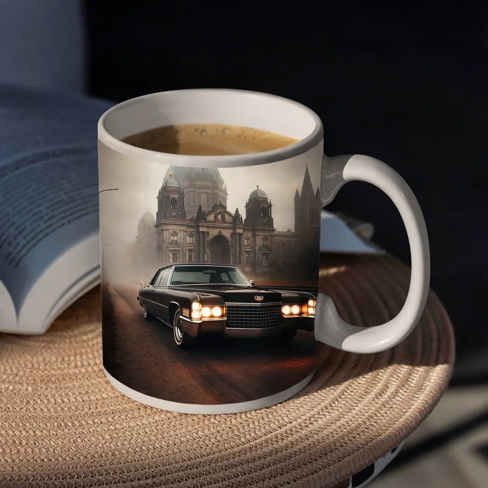 Cadillac DeVille Foggy Cathedral Street Scene – Mugs