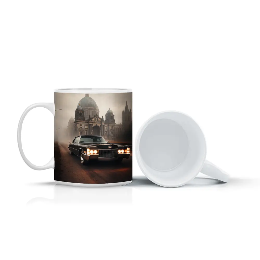 Cadillac DeVille Foggy Cathedral Street Scene – Mugs