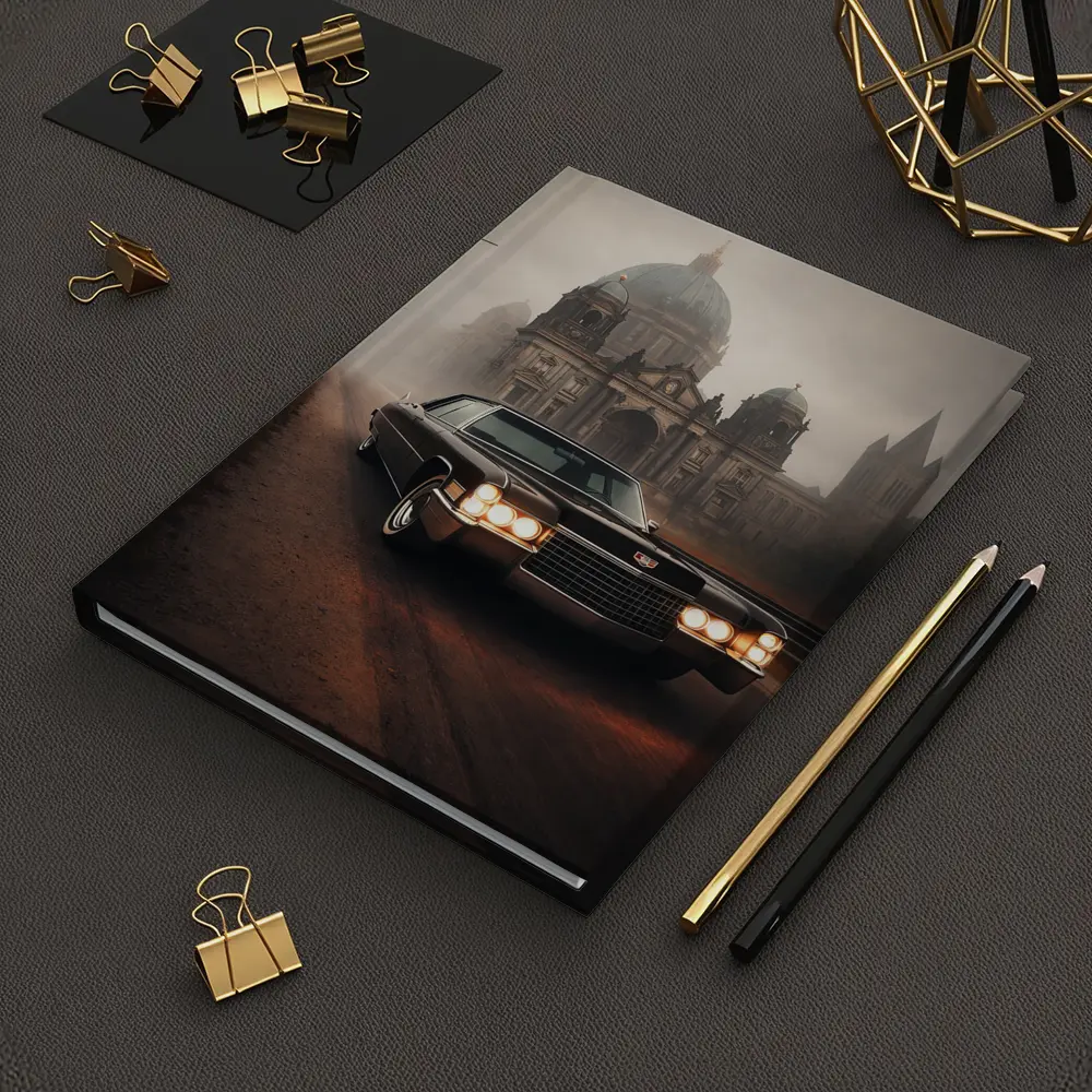 Cadillac DeVille Foggy Cathedral Street Scene – Notebooks