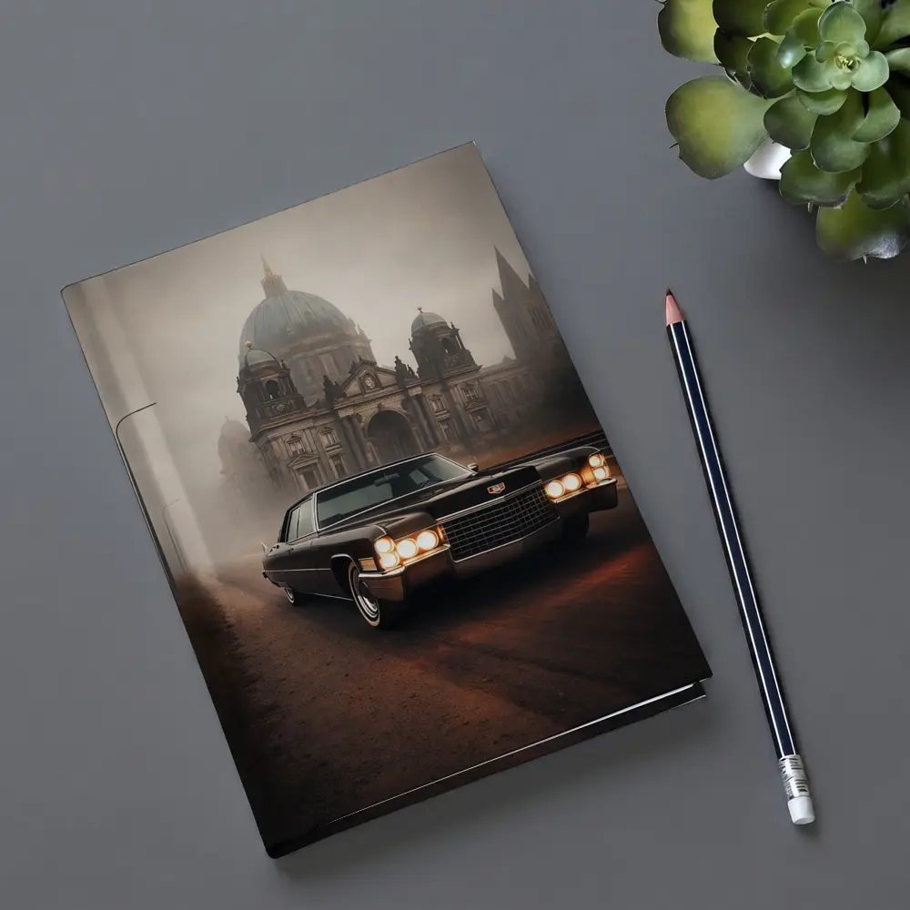 Cadillac DeVille Foggy Cathedral Street Scene – Notebooks