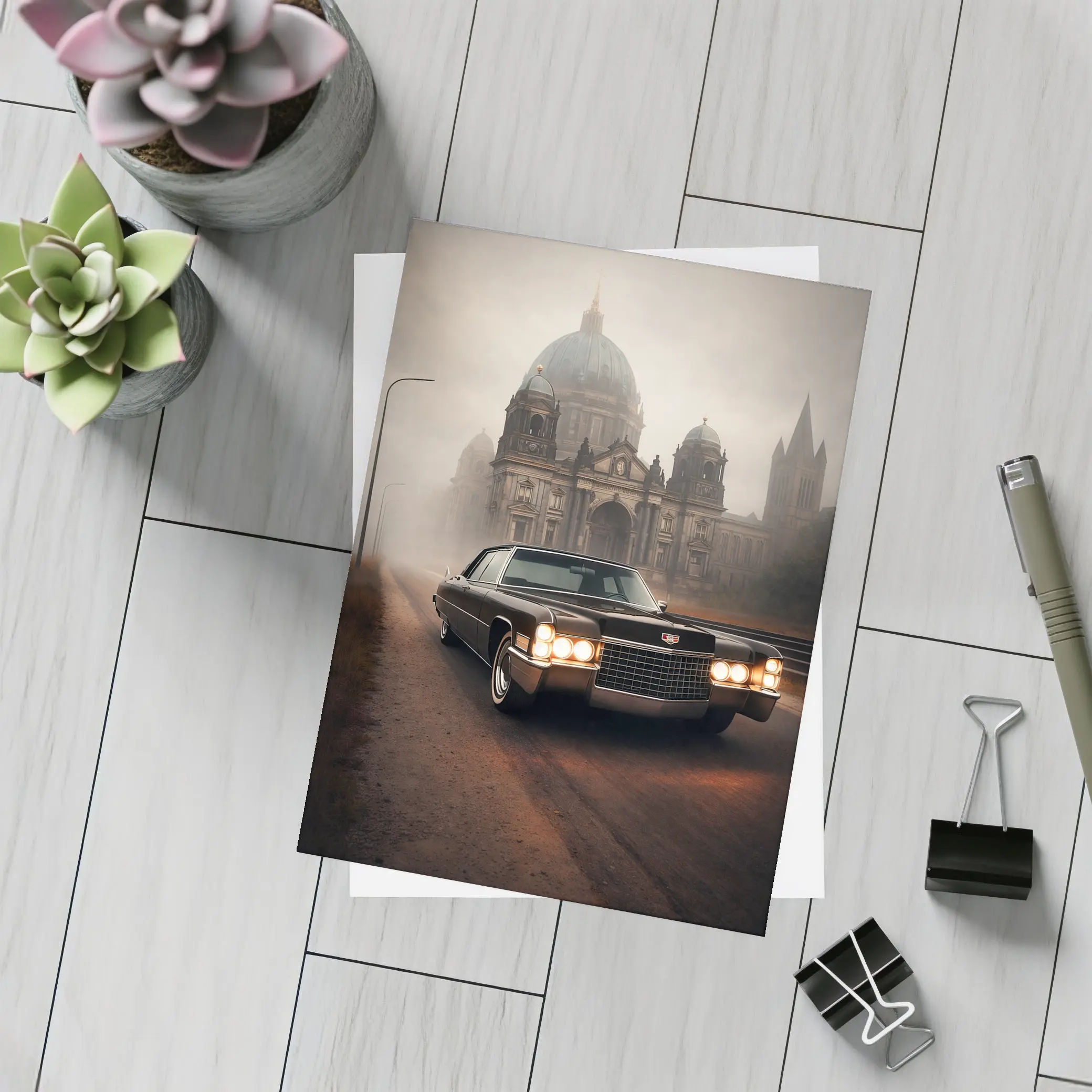 Cadillac DeVille Foggy Cathedral Street Scene – Postcards