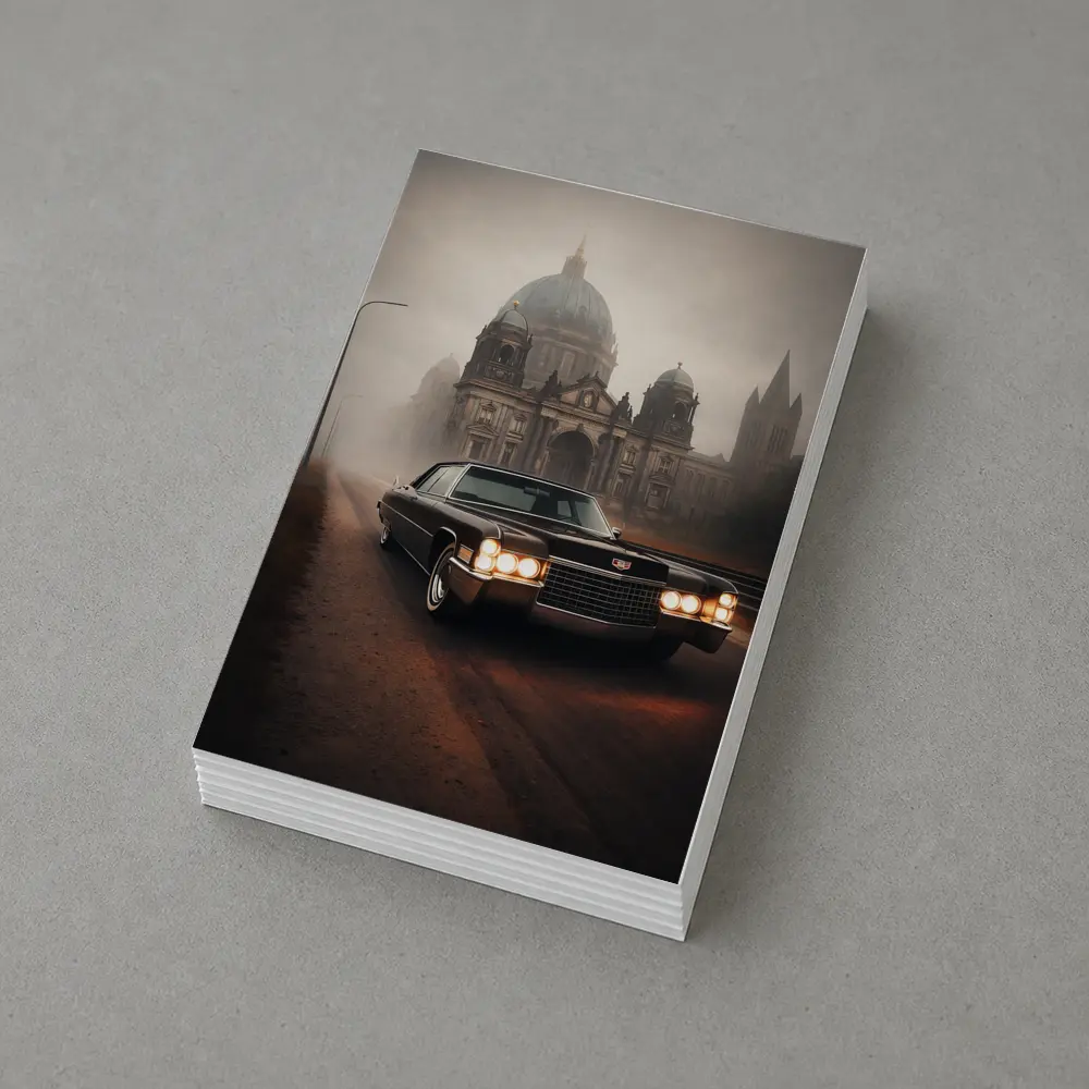 Cadillac DeVille Foggy Cathedral Street Scene – Postcards