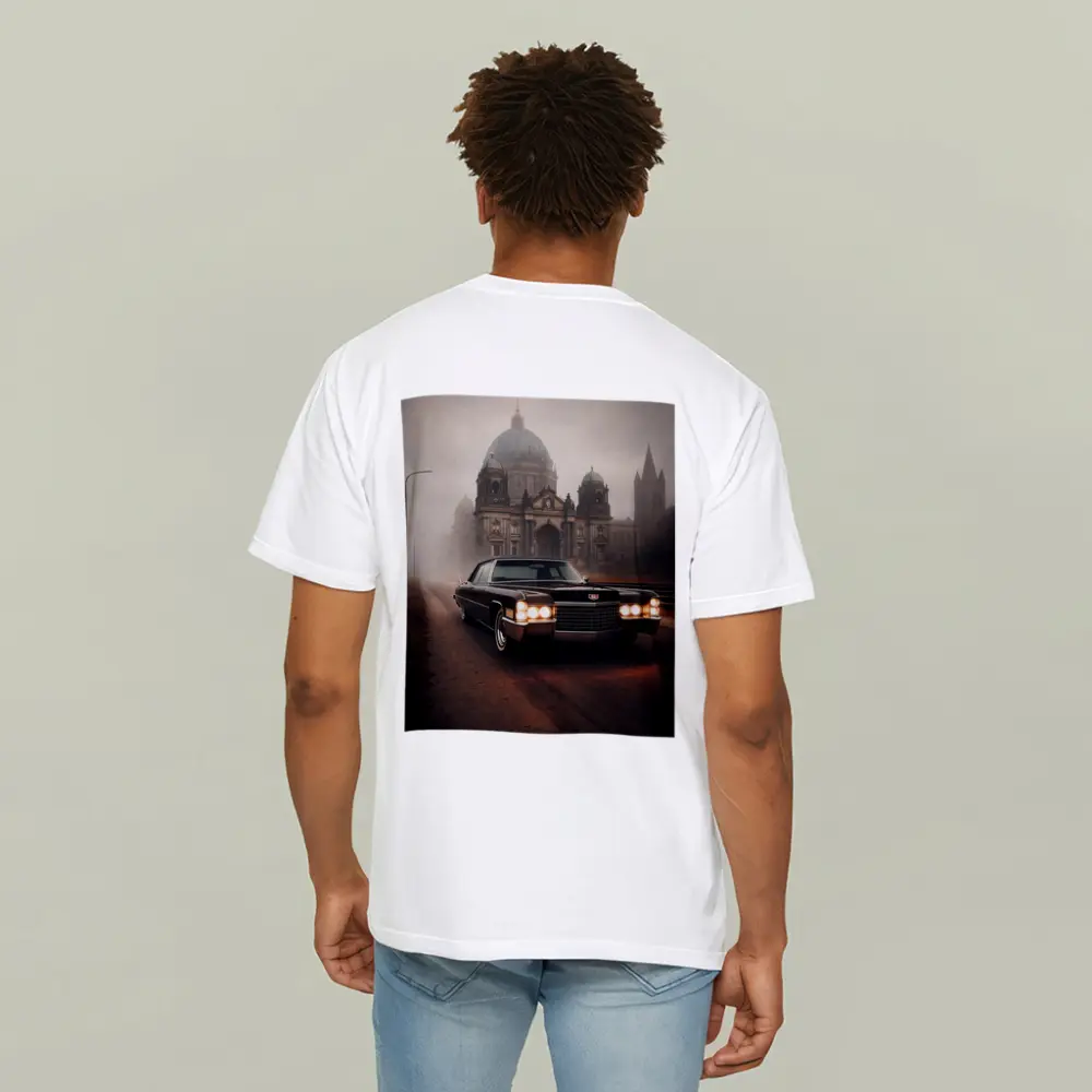 Cadillac DeVille Foggy Cathedral Street Scene – T-Shirts