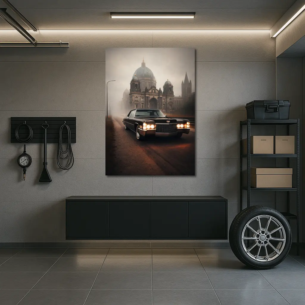 Cadillac DeVille Foggy Cathedral Street Scene – Wall Art