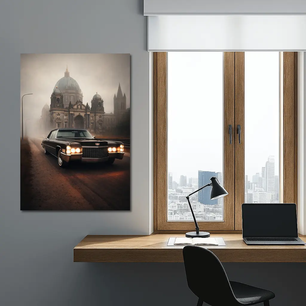 Cadillac DeVille Foggy Cathedral Street Scene – Wall Art