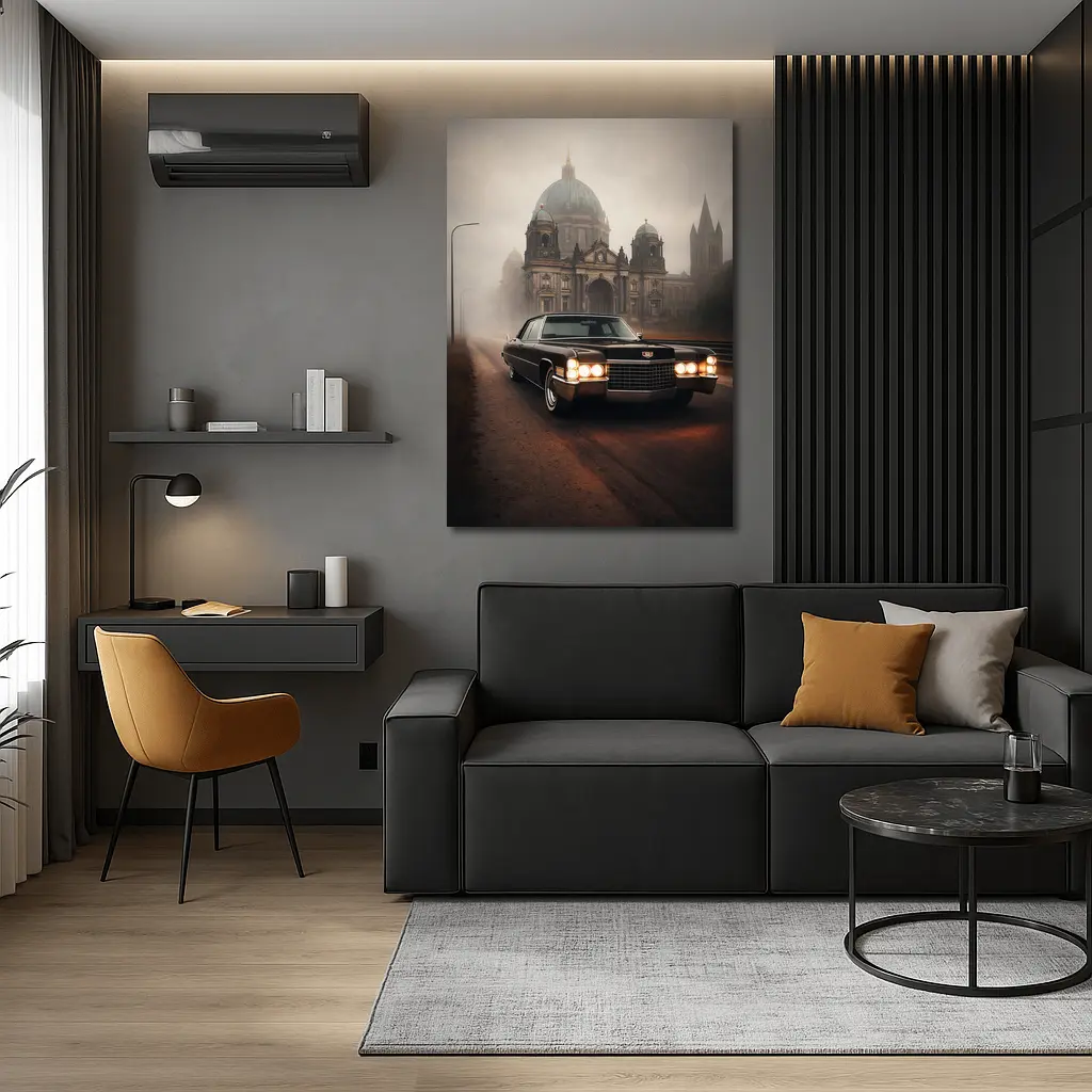 Cadillac DeVille Foggy Cathedral Street Scene – Wall Art