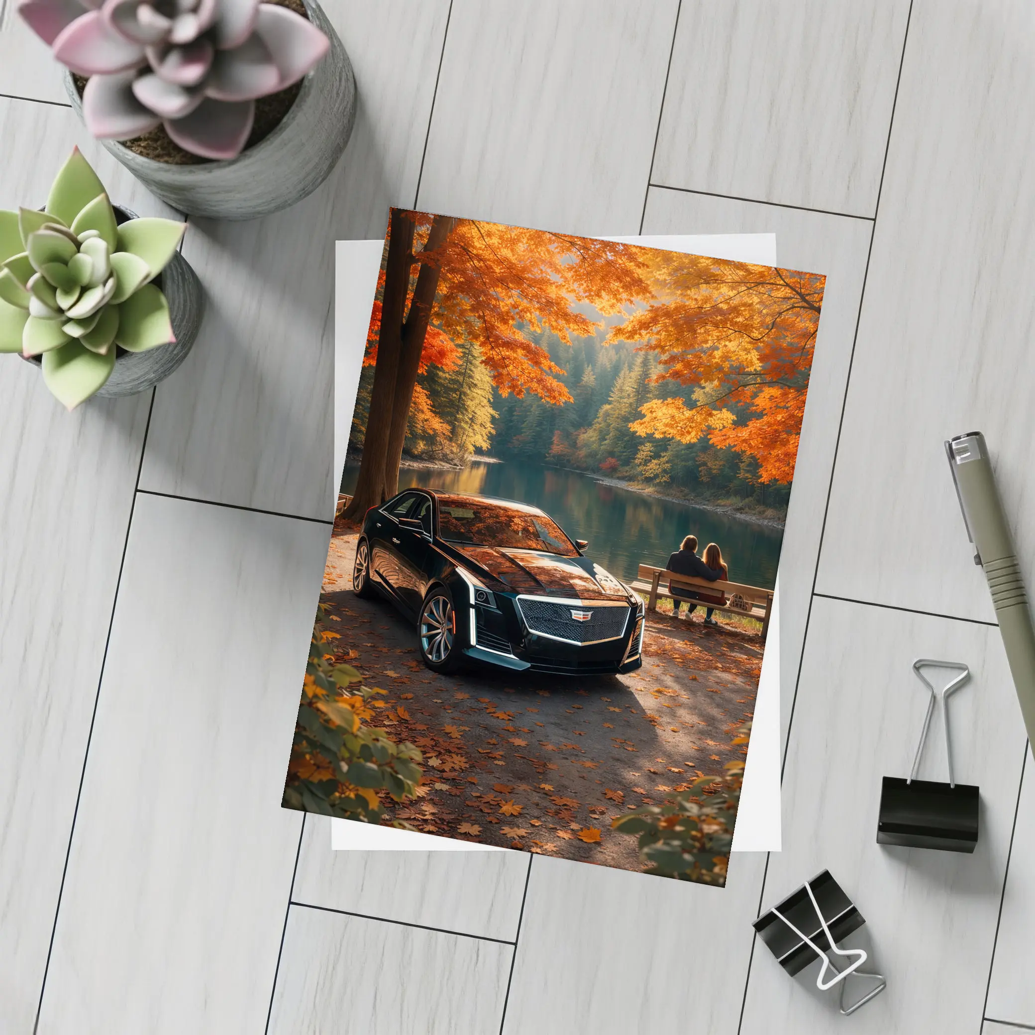 Cadillac CTS Black Sedan Autumn Lake – Postcards