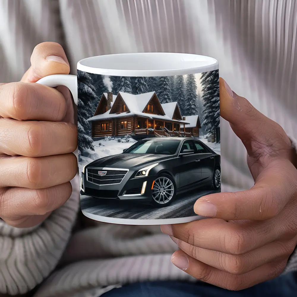 Cadillac CTS Dark Sedan Snowy Forest Cabin – Mugs