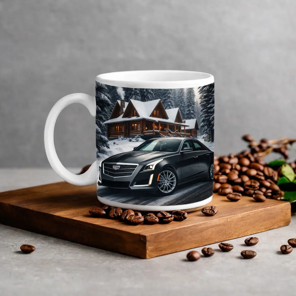 Cadillac CTS Dark Sedan Snowy Forest Cabin – Mugs