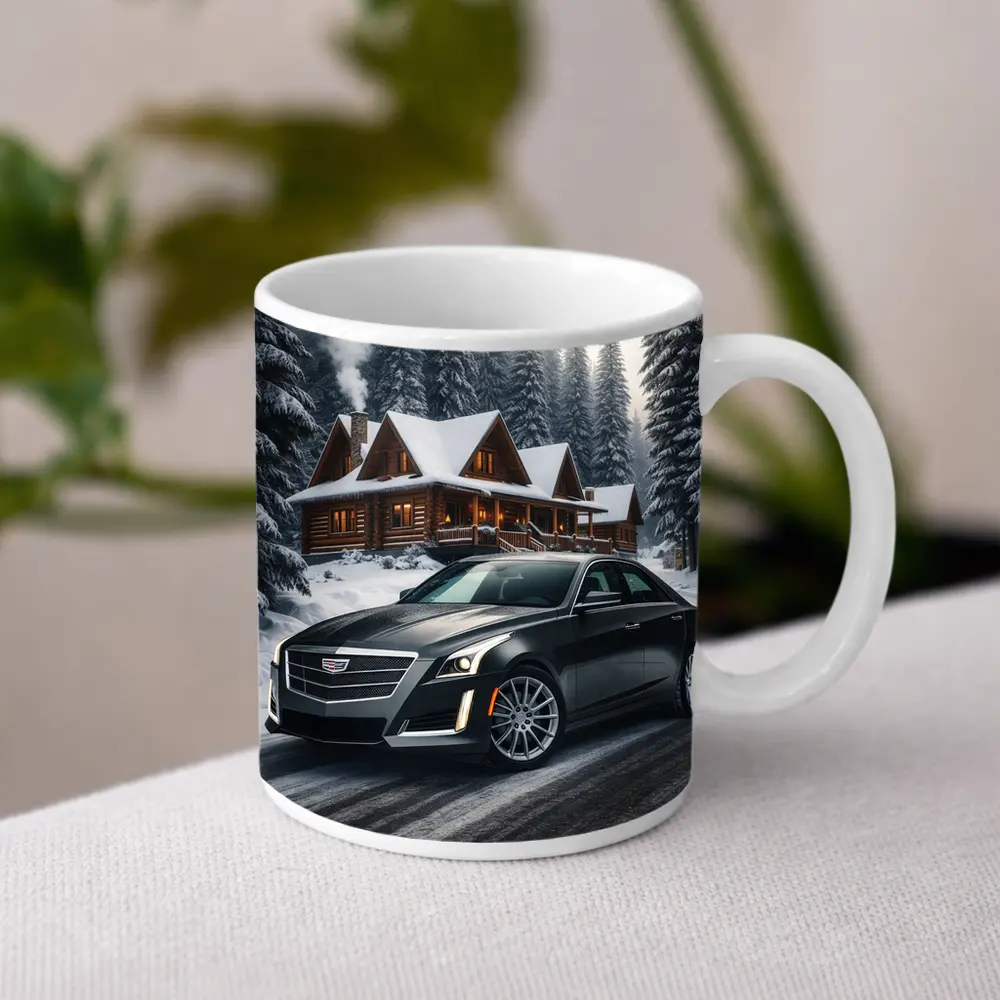 Cadillac CTS Dark Sedan Snowy Forest Cabin – Mugs