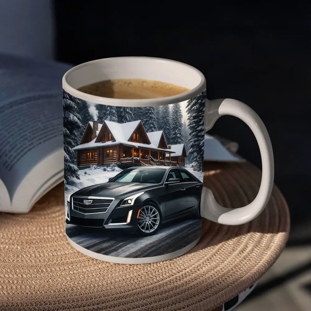 Cadillac CTS Dark Sedan Snowy Forest Cabin – Mugs