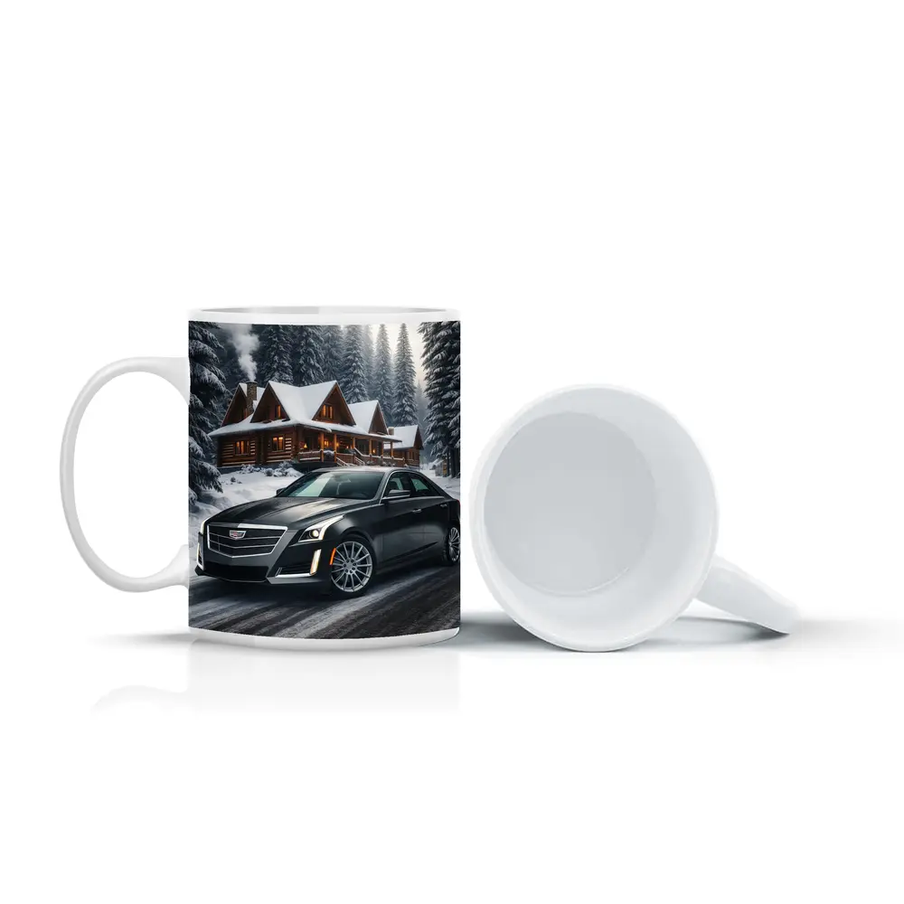 Cadillac CTS Dark Sedan Snowy Forest Cabin – Mugs