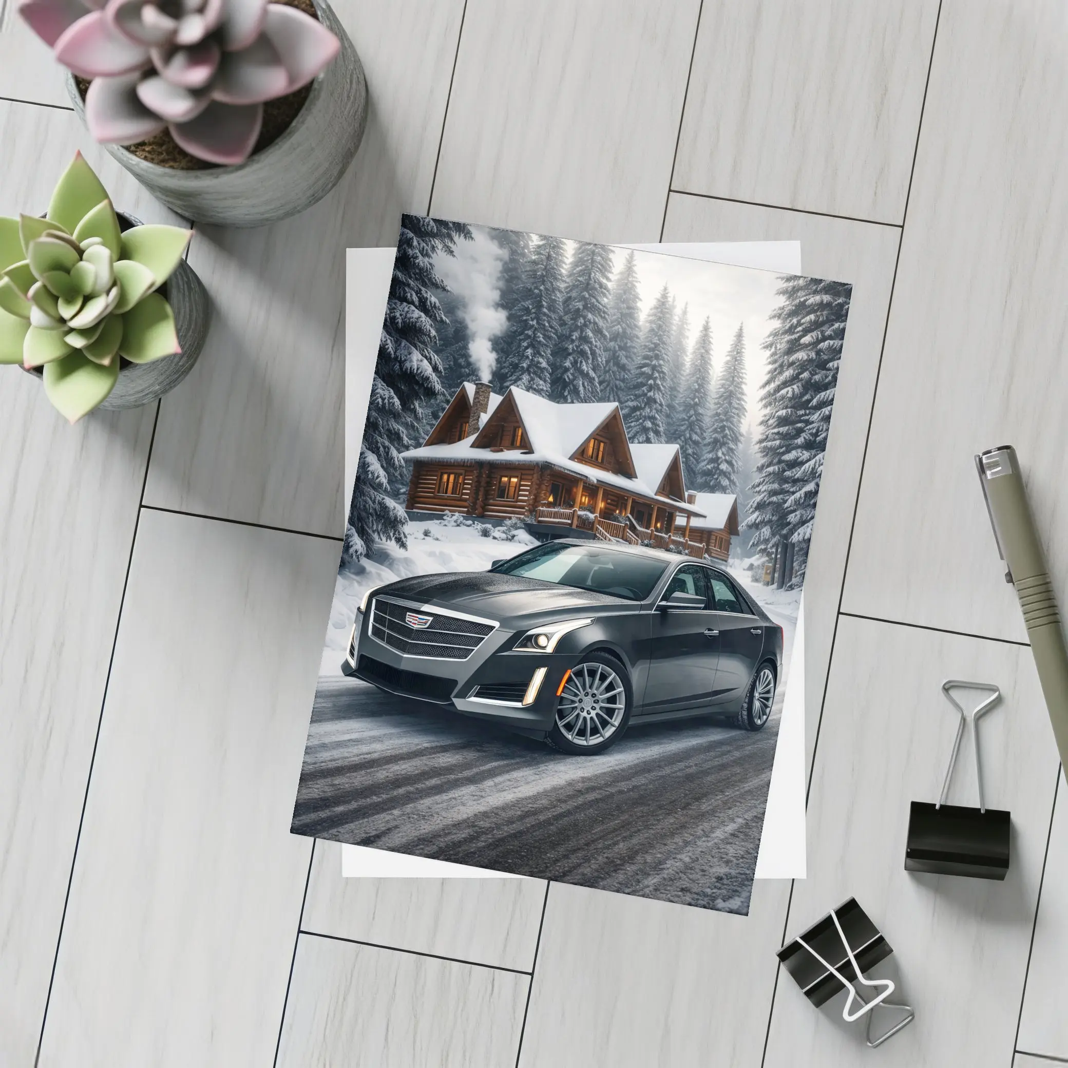 Cadillac CTS Dark Sedan Snowy Forest Cabin – Postcards