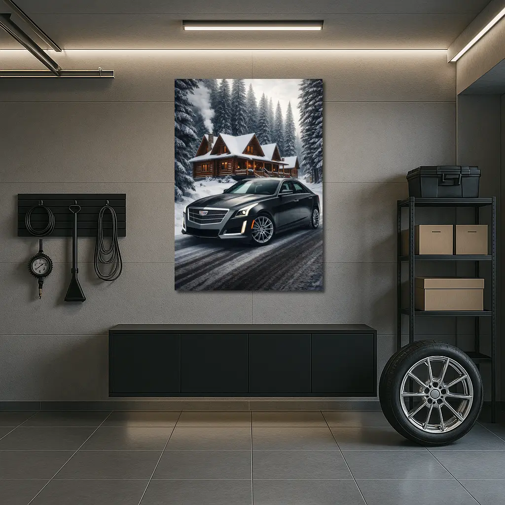 Cadillac CTS Dark Sedan Snowy Forest Cabin – Wall Art