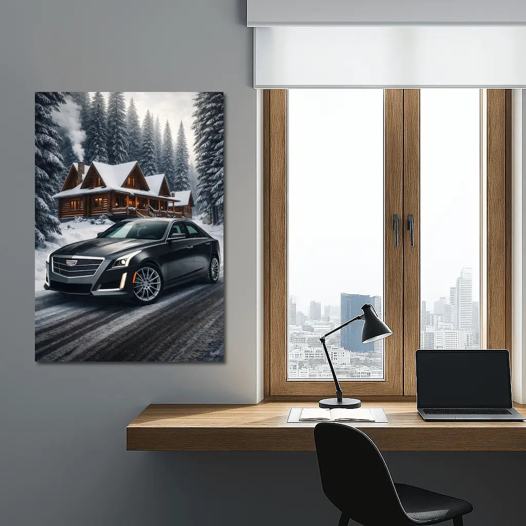 Cadillac CTS Dark Sedan Snowy Forest Cabin – Wall Art
