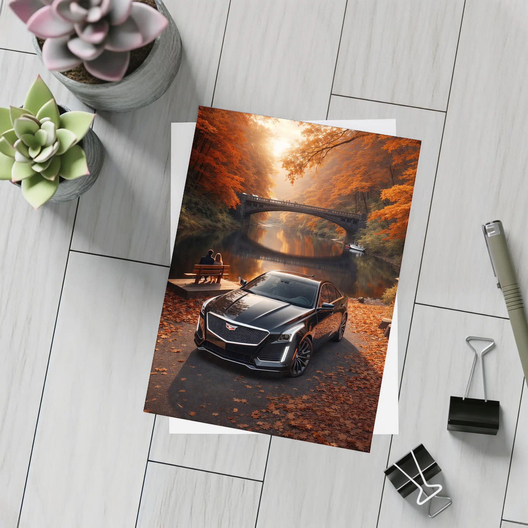 Cadillac CTS Black Sedan Autumn River – Postcards