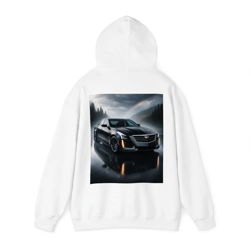Cadillac CTS Black Sedan Rainy Forest Road – Hoodies