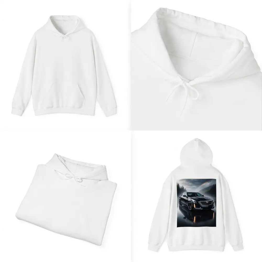Cadillac CTS Black Sedan Rainy Forest Road – Hoodies