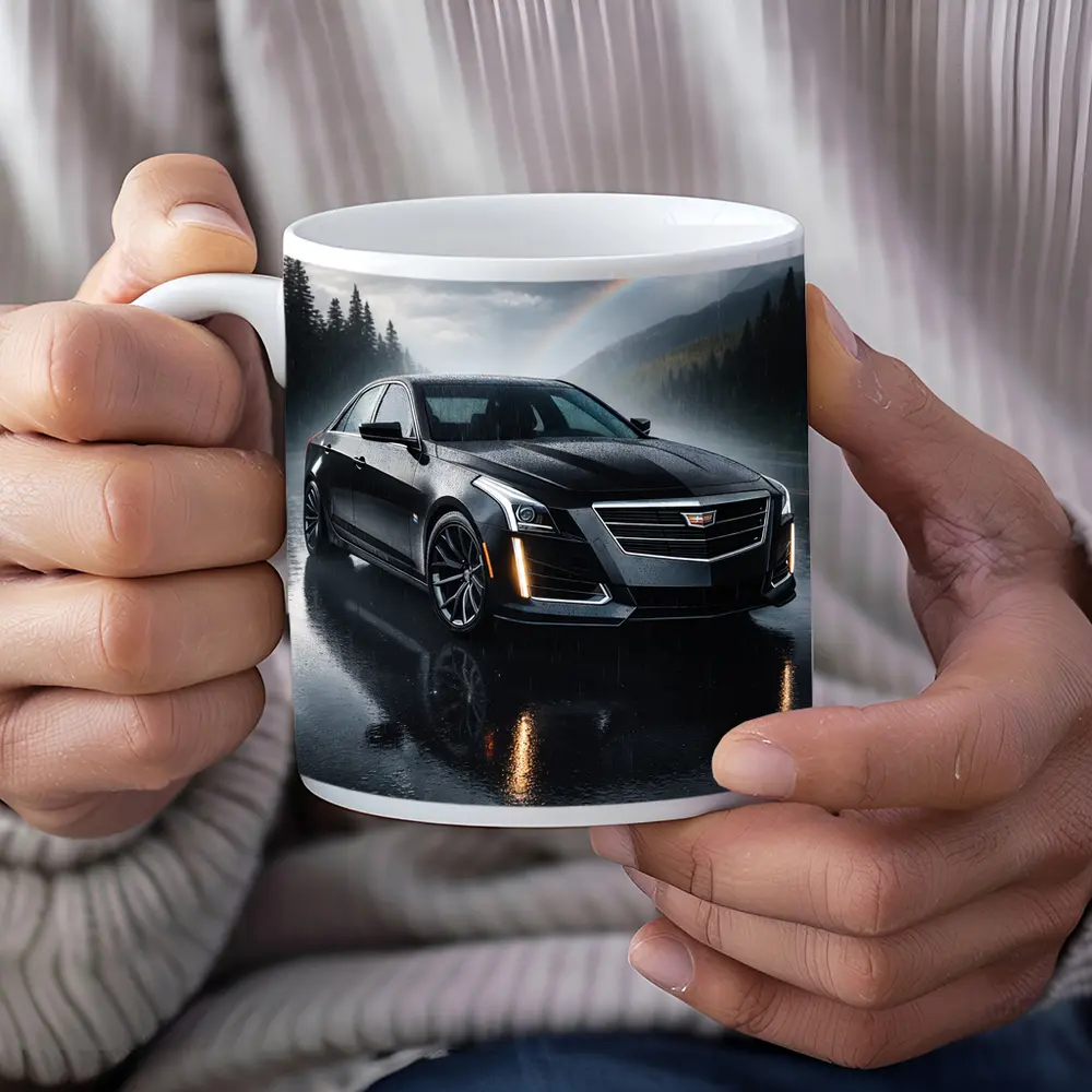 Cadillac CTS Black Sedan Rainy Forest Road – Mugs
