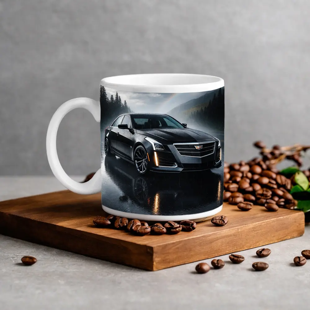 Cadillac CTS Black Sedan Rainy Forest Road – Mugs