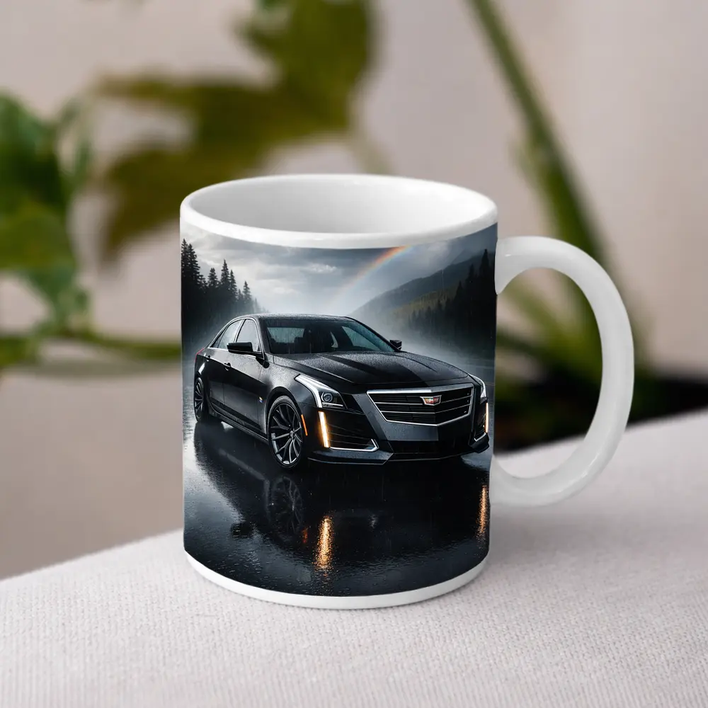 Cadillac CTS Black Sedan Rainy Forest Road – Mugs