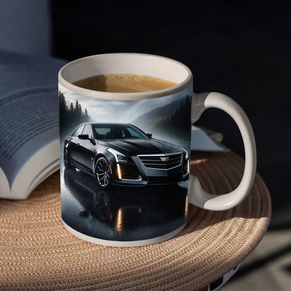 Cadillac CTS Black Sedan Rainy Forest Road – Mugs