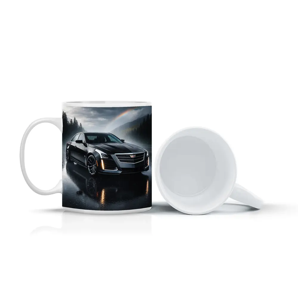 Cadillac CTS Black Sedan Rainy Forest Road – Mugs