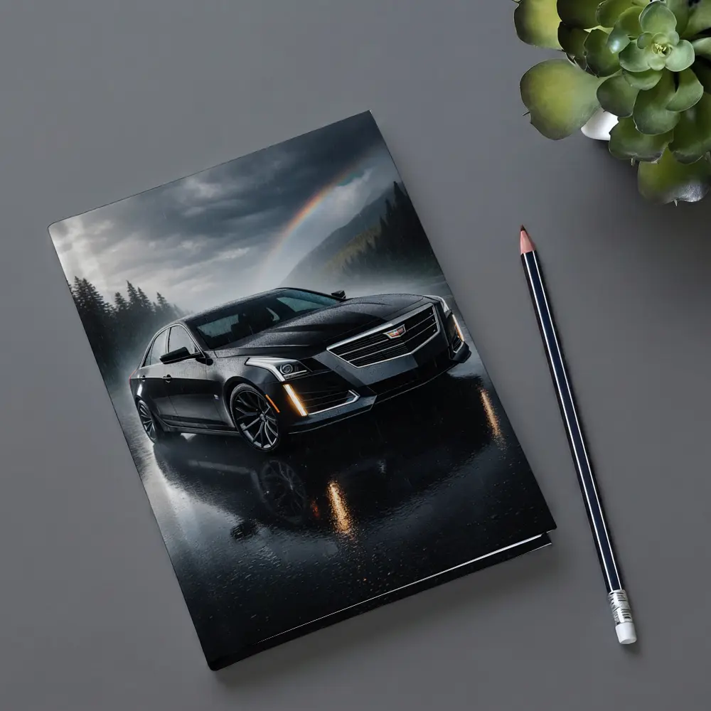 Cadillac CTS Black Sedan Rainy Forest Road – Notebooks