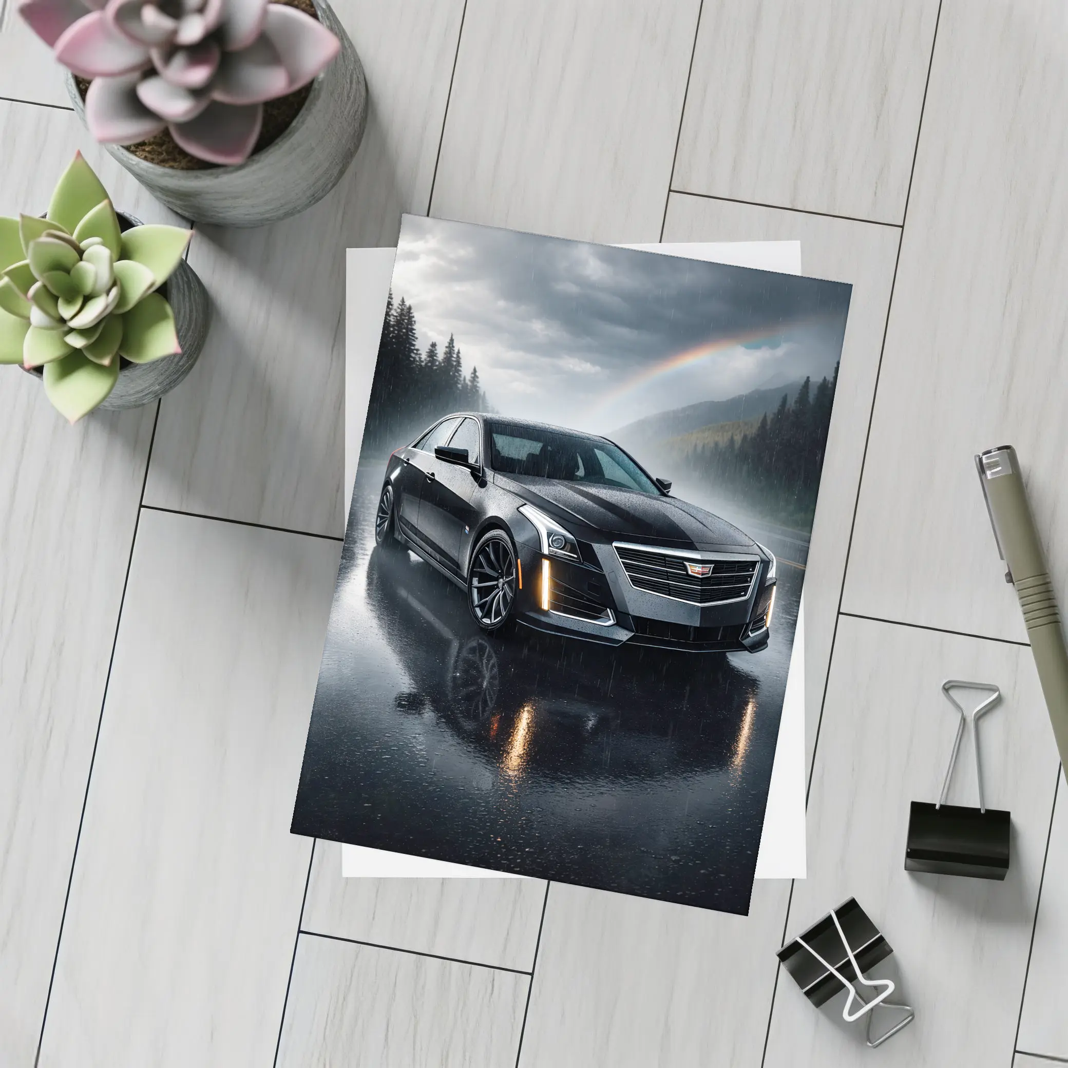 Cadillac CTS Black Sedan Rainy Forest Road – Postcards
