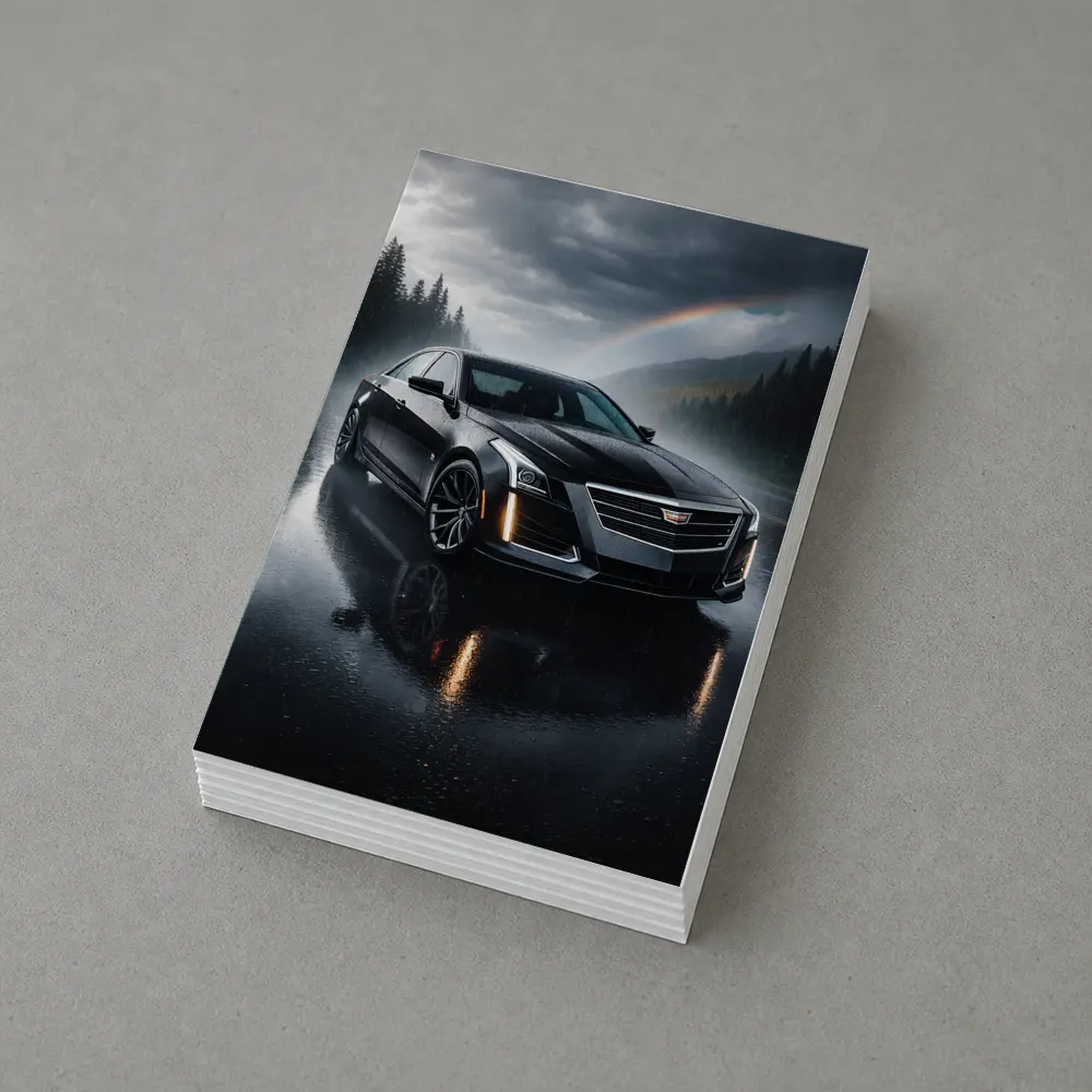 Cadillac CTS Black Sedan Rainy Forest Road – Postcards