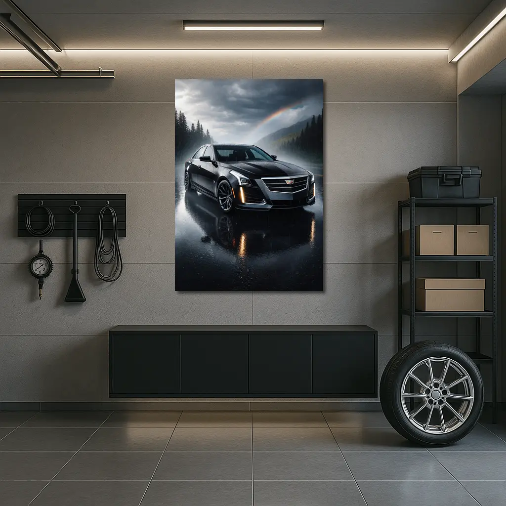Cadillac CTS Black Sedan Rainy Forest Road – Wall Art
