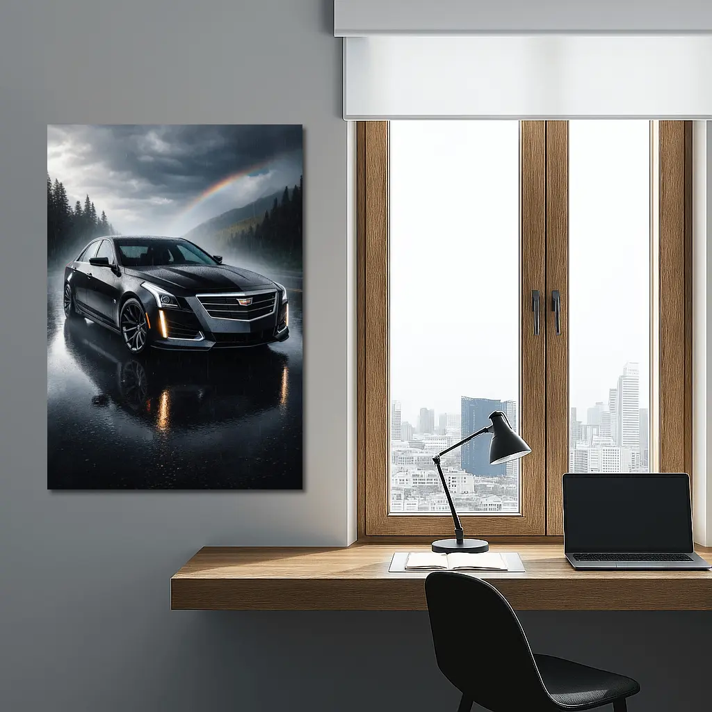 Cadillac CTS Black Sedan Rainy Forest Road – Wall Art