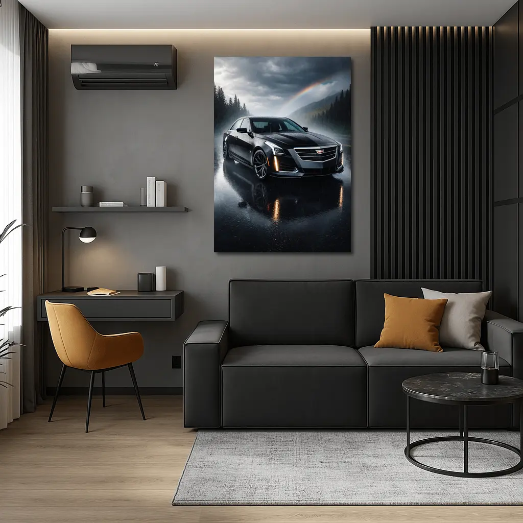 Cadillac CTS Black Sedan Rainy Forest Road – Wall Art