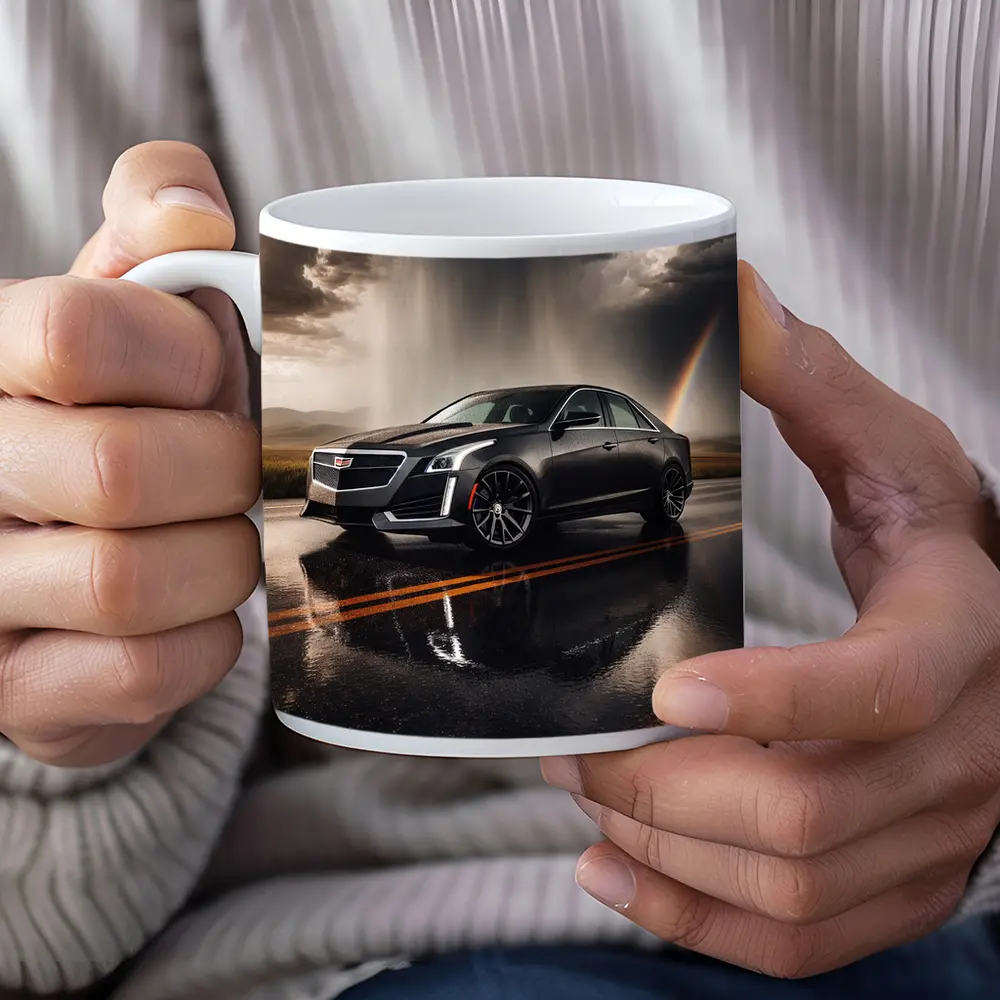 Cadillac CTS On Wet Road Storm Sky – Mugs
