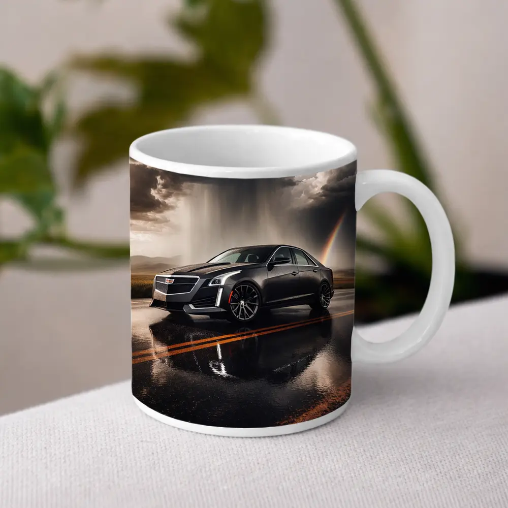 Cadillac CTS On Wet Road Storm Sky – Mugs