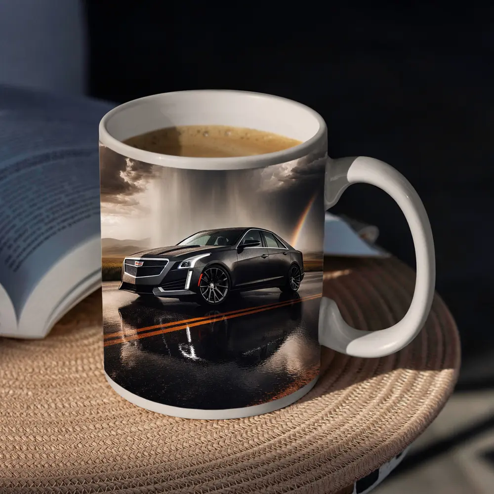 Cadillac CTS On Wet Road Storm Sky – Mugs