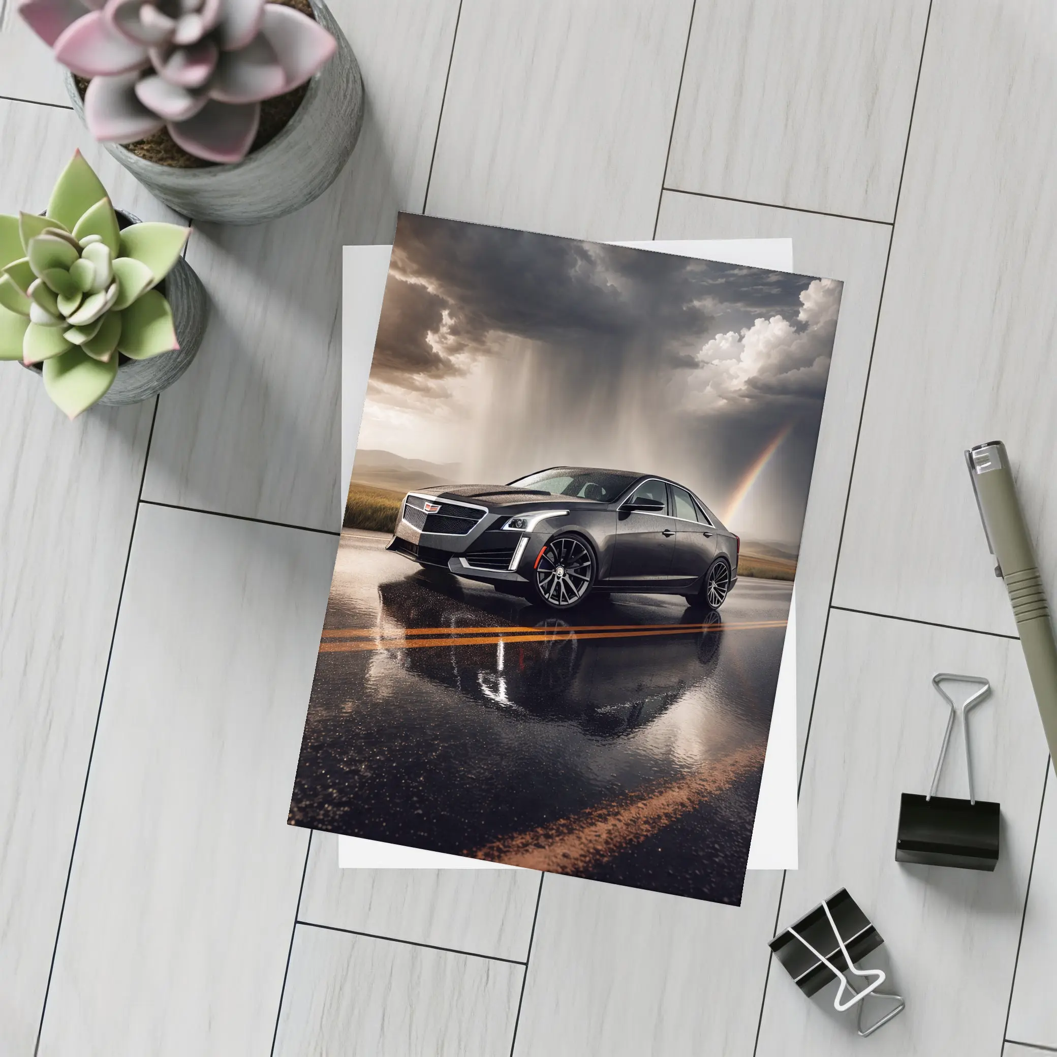 Cadillac CTS On Wet Road Storm Sky – Postcards
