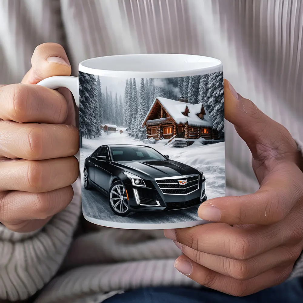 Cadillac CTS Black Sedan Snowy Winter Forest – Mugs
