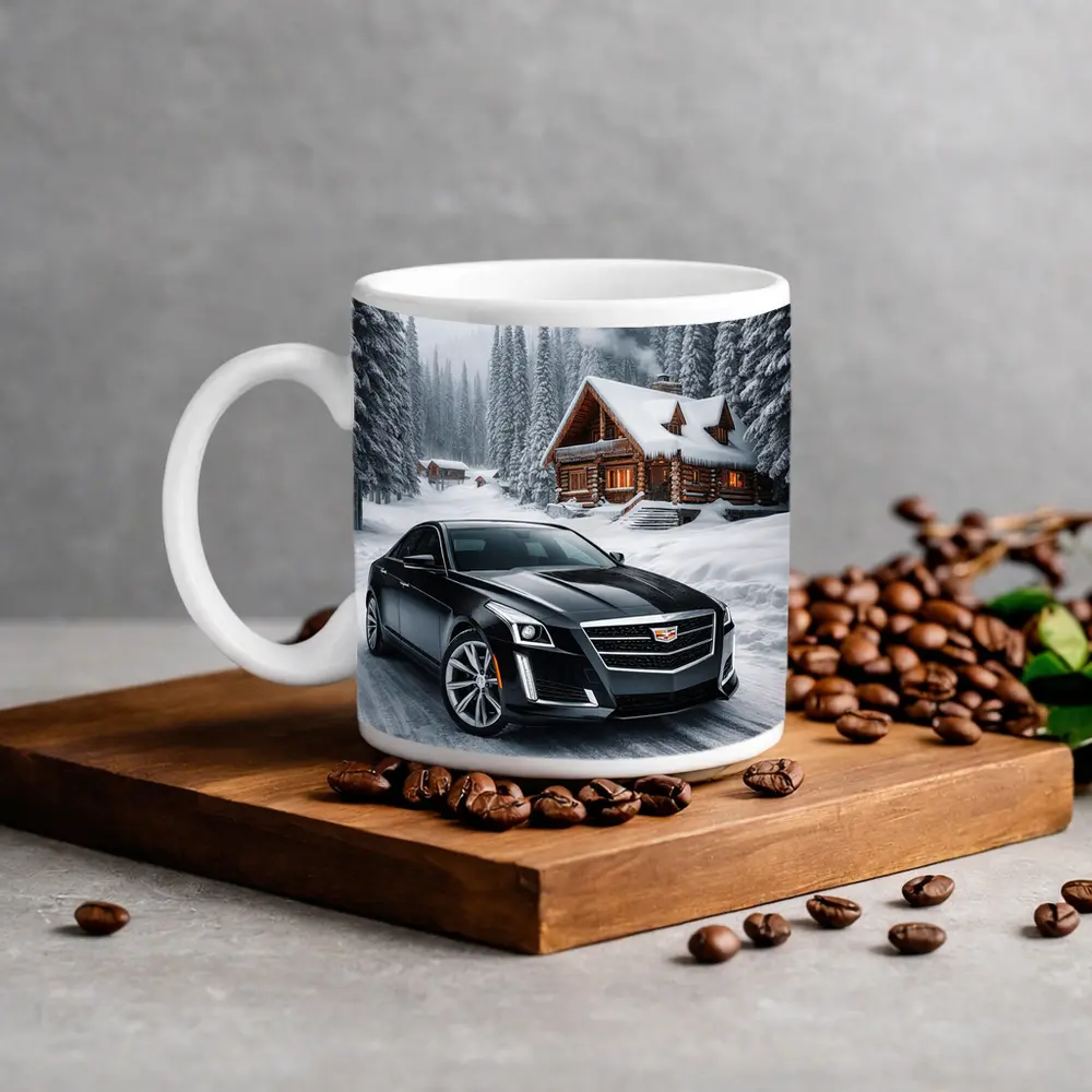 Cadillac CTS Black Sedan Snowy Winter Forest – Mugs