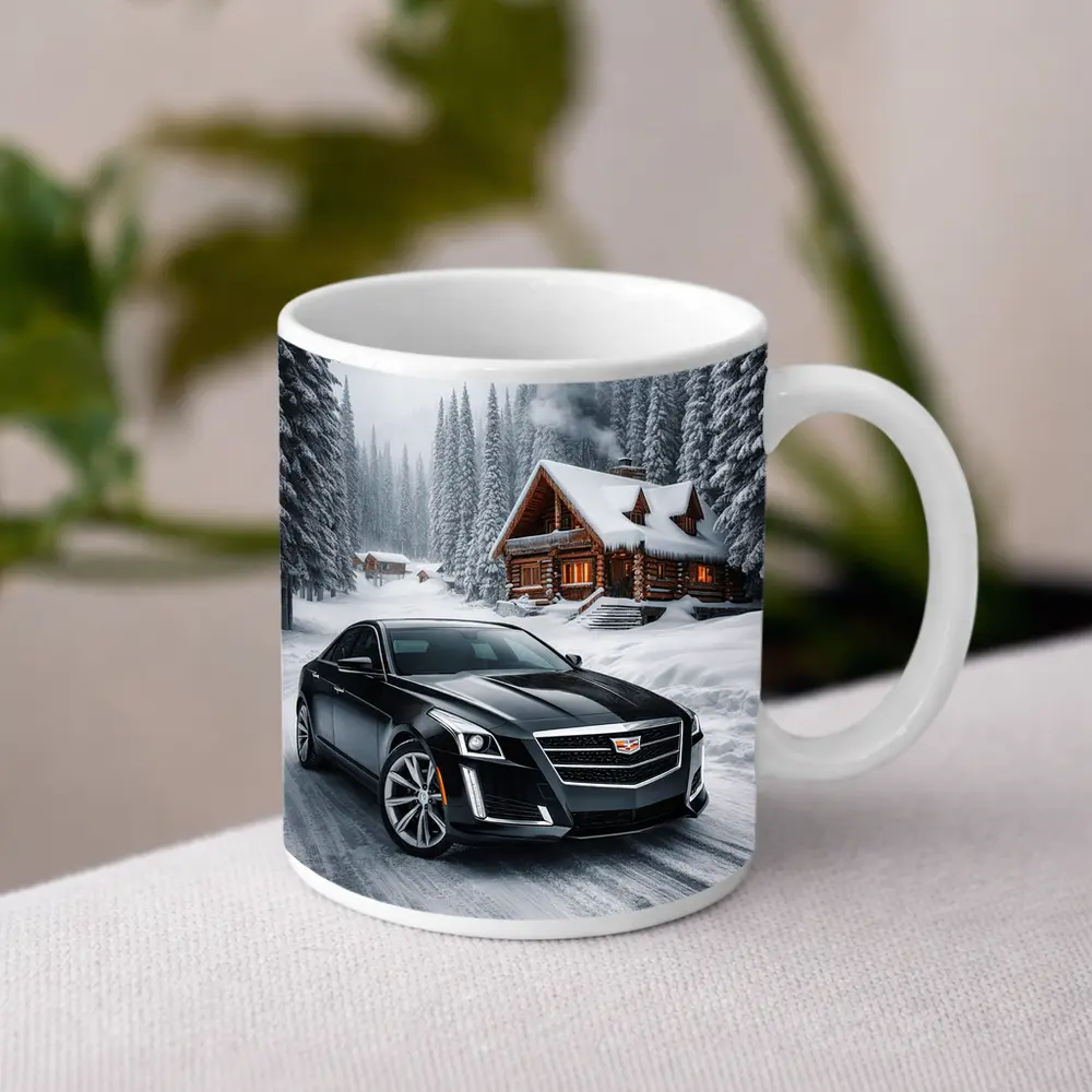 Cadillac CTS Black Sedan Snowy Winter Forest – Mugs