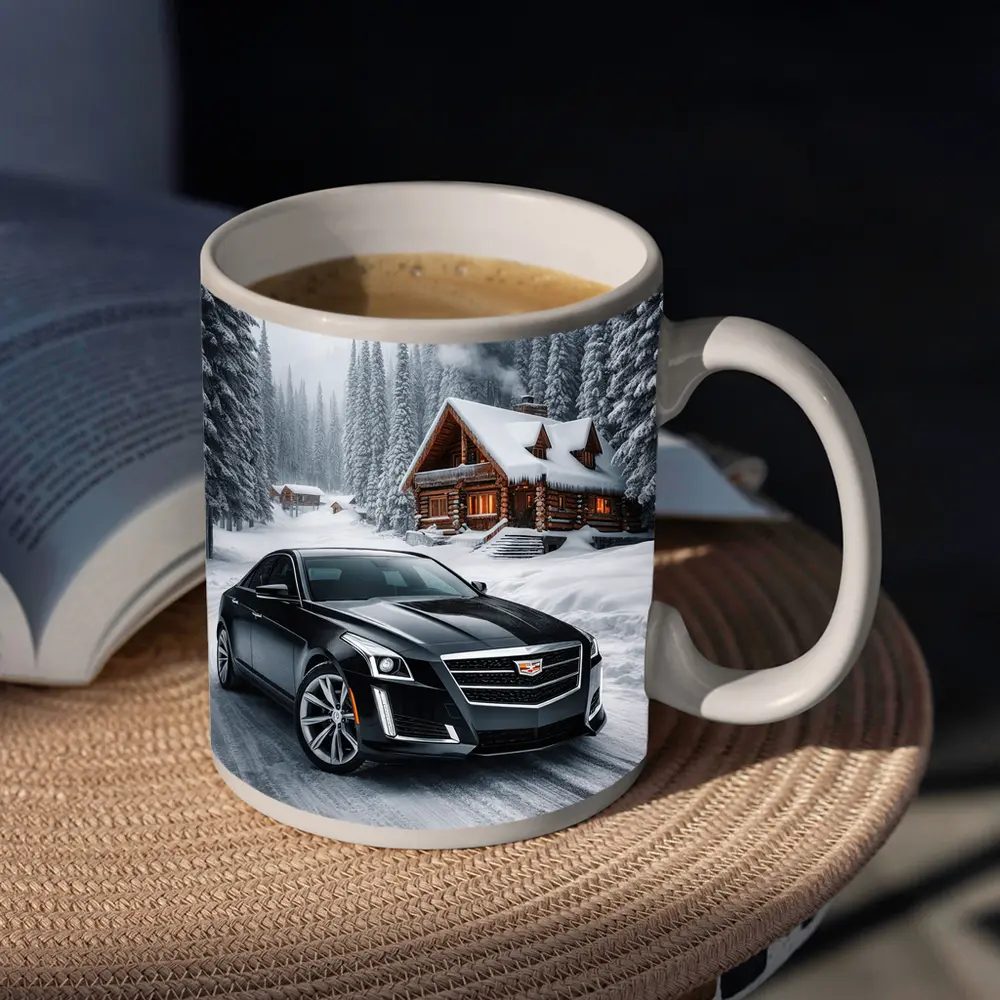 Cadillac CTS Black Sedan Snowy Winter Forest – Mugs