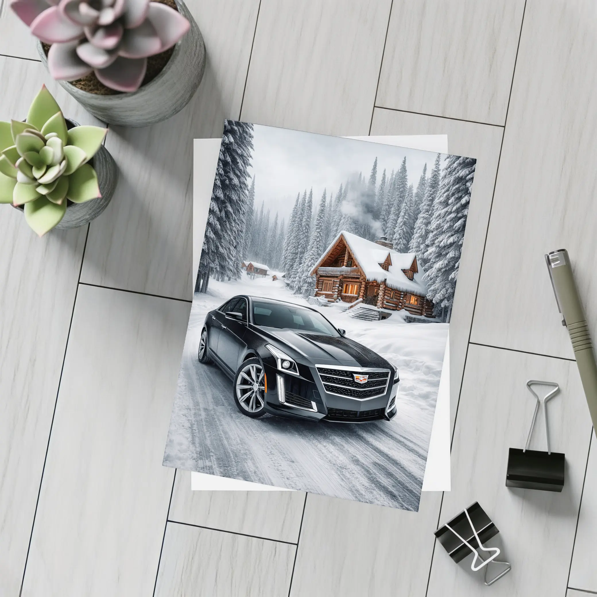 Cadillac CTS Black Sedan Snowy Winter Forest – Postcards