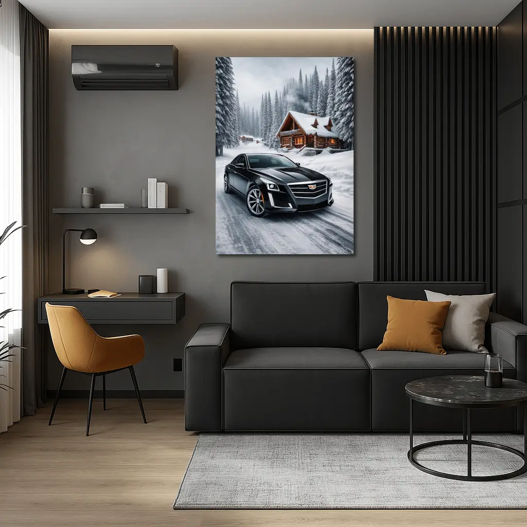Cadillac CTS Black Sedan Snowy Winter Forest – Wall Art