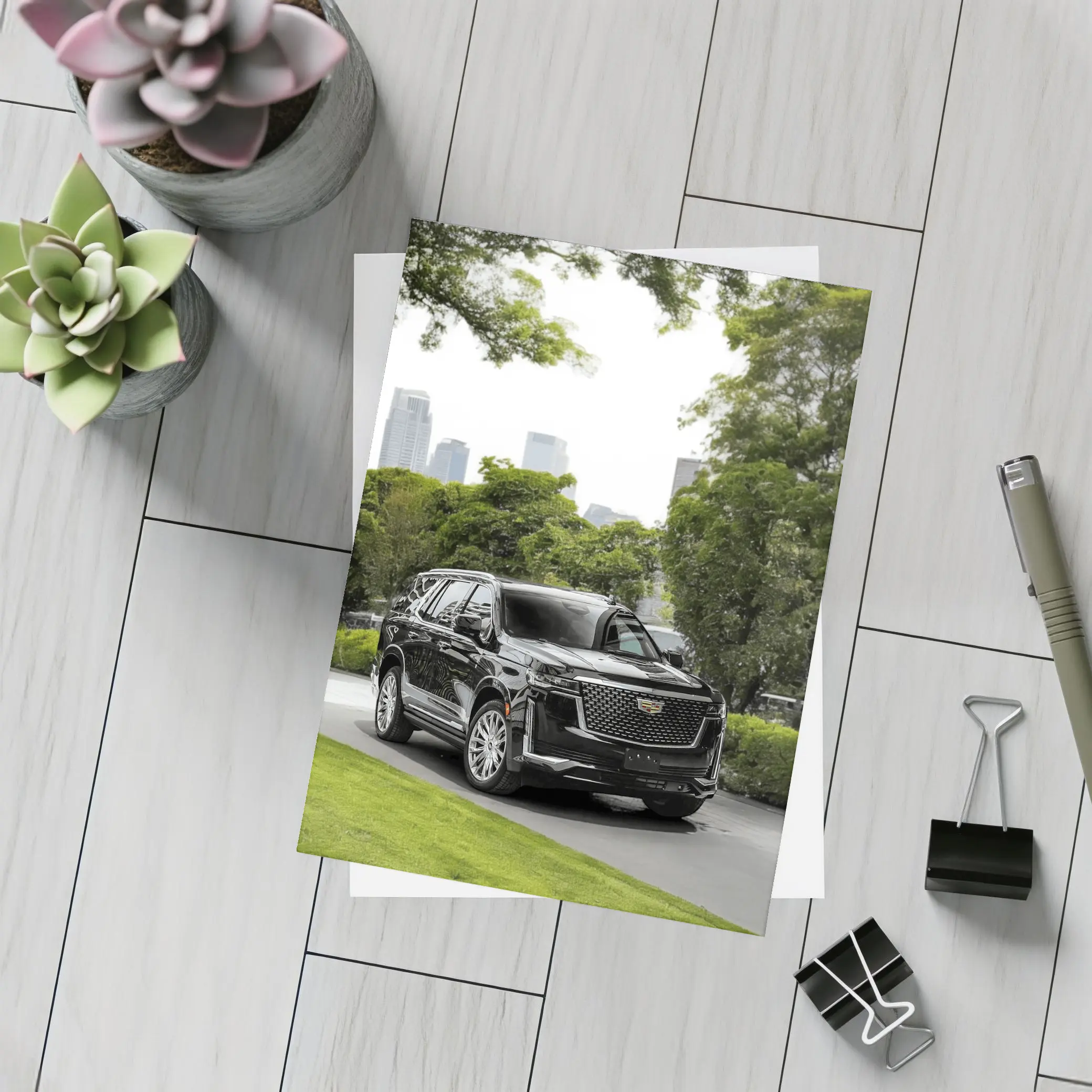 Cadillac Escalade Black SUV City Background – Postcards