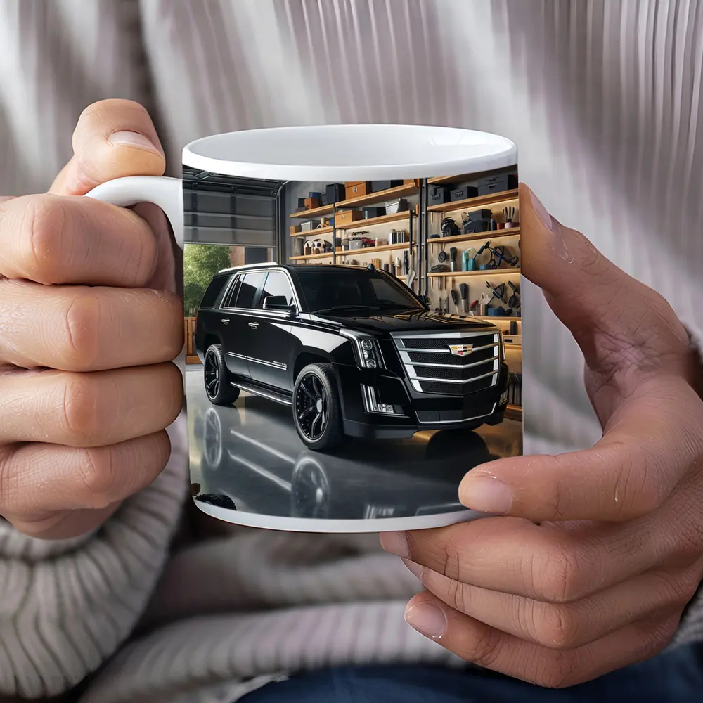 Cadillac Escalade Black SUV Inside Garage – Mugs