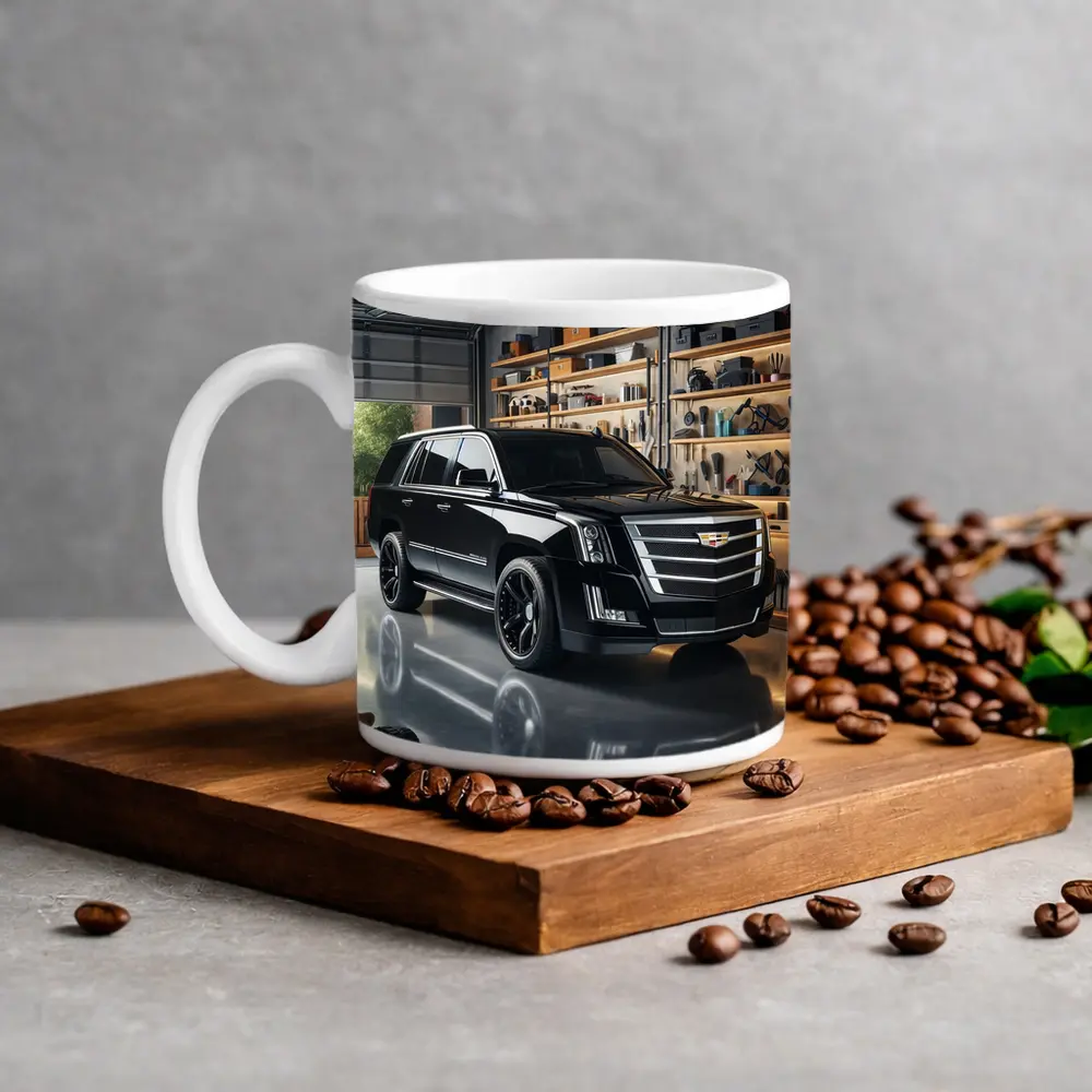 Cadillac Escalade Black SUV Inside Garage – Mugs