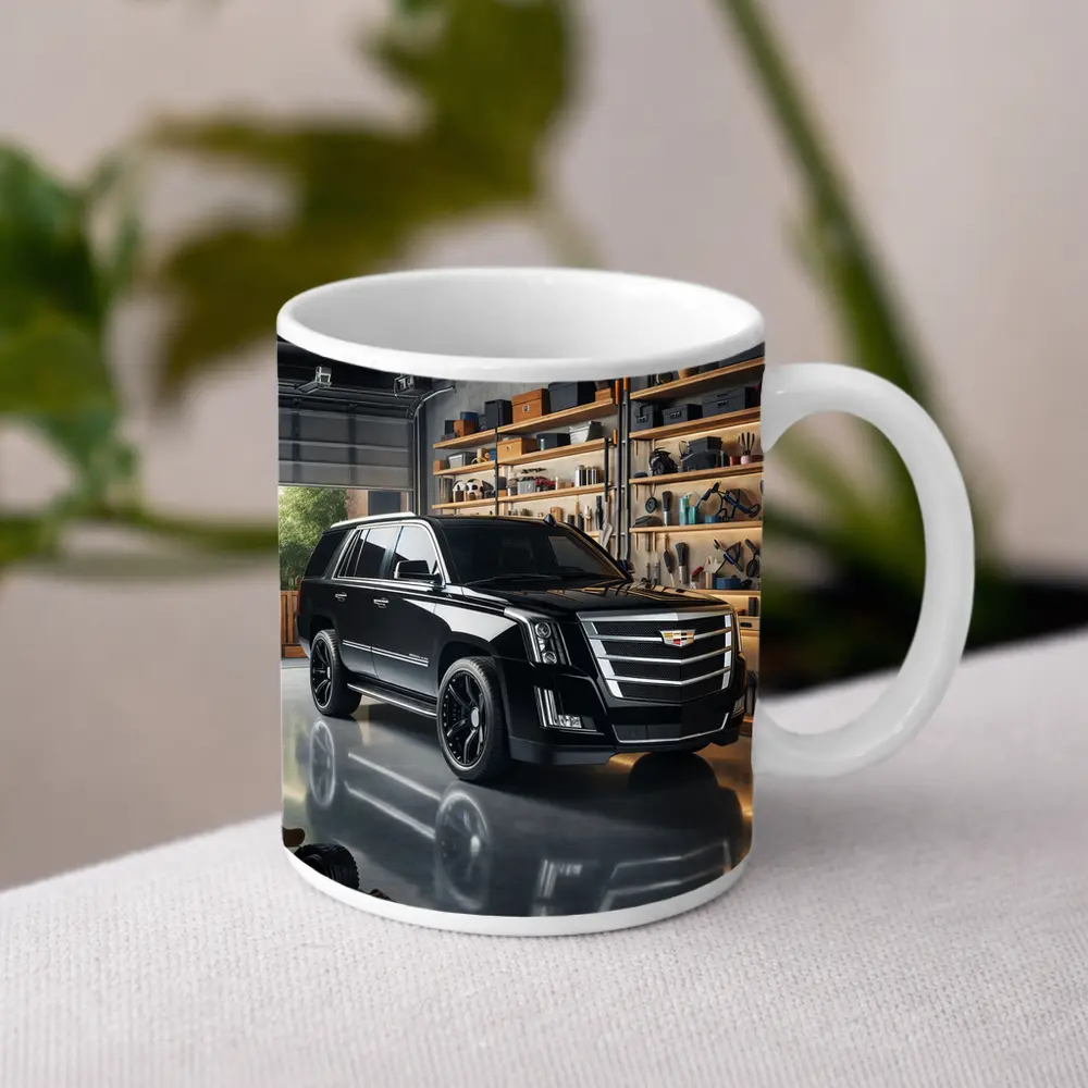 Cadillac Escalade Black SUV Inside Garage – Mugs